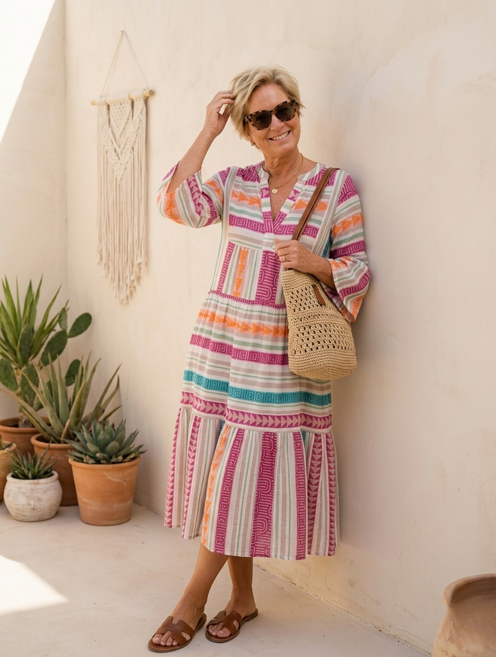 HELENA™ – Bold Boho Print Midi Dress