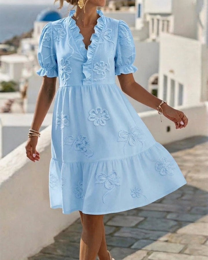 MARGOT™ – Short Puff Sleeve Floral Print Midi Dress