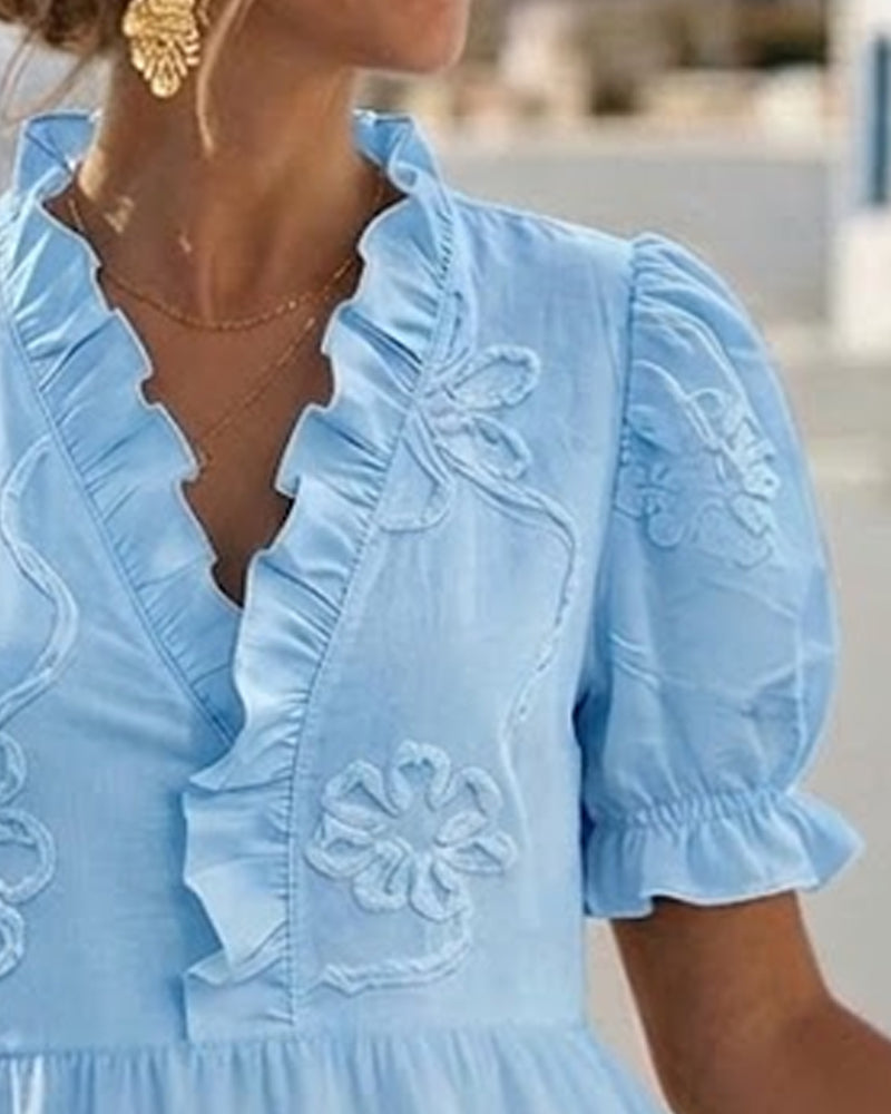 MARGOT™ – Short Puff Sleeve Floral Print Midi Dress