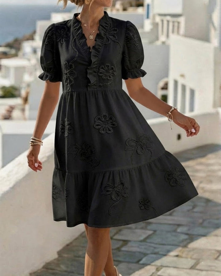 MARGOT™ – Short Puff Sleeve Floral Print Midi Dress