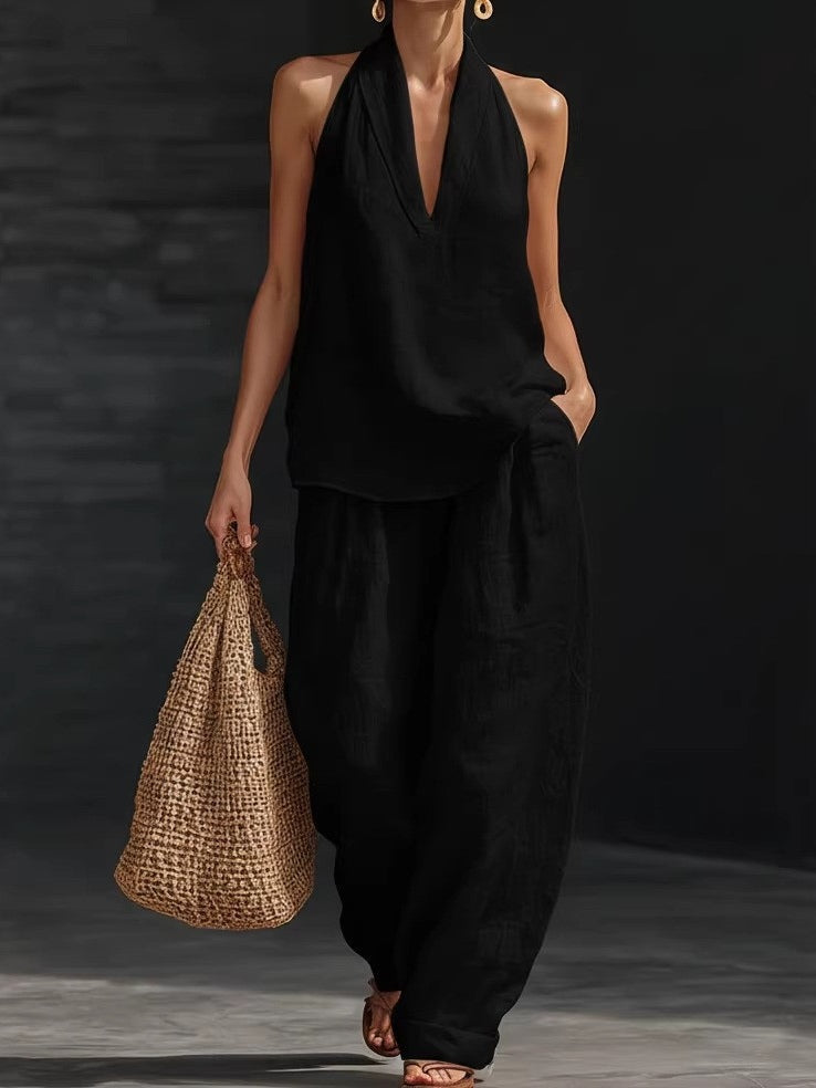 Lila V-neck Sleeveless Top and Wide-leg Trousers Set
