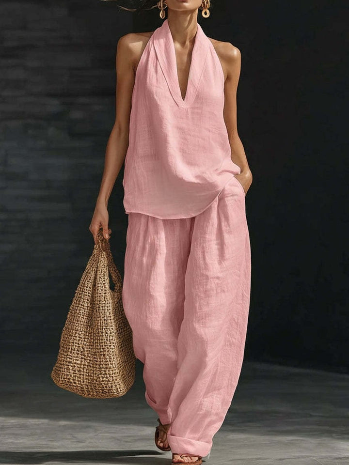 Lila V-neck Sleeveless Top and Wide-leg Trousers Set